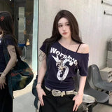 Y2k Sport Summer Off shoulder Top Women Sexy Vintage 2000s Short sleeve T shirt Lady Body Basic Crop Top Female Casual