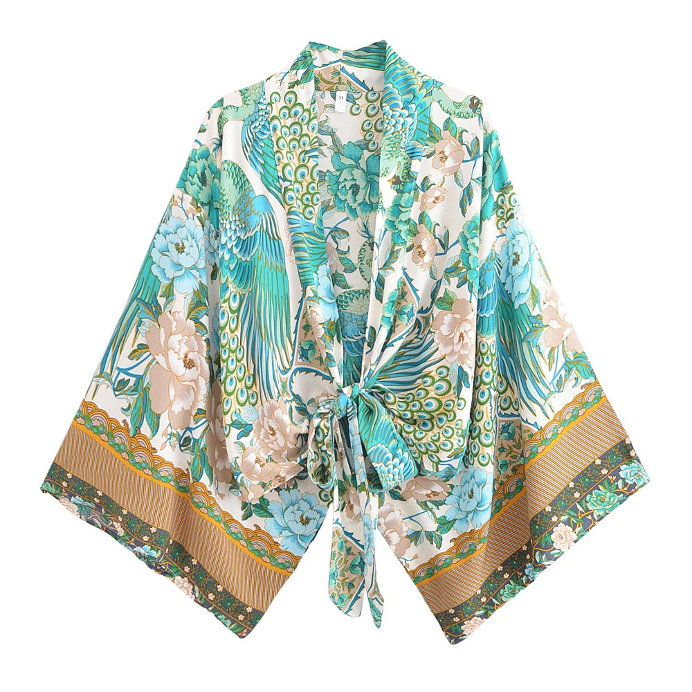 Boho Queens Peacock Short Robe Kimono Swimsuits Women Fashion Floral Batwing Sleeves Rayon Bohemian Bikini Cover Ups Beachwear