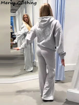 Sequin Angel's Wings Hoodies Women Chic Loose Long Sleeve Pullovers Top Slim Yoga Pant Set 2025 New Casual Lady Two Piece Sets