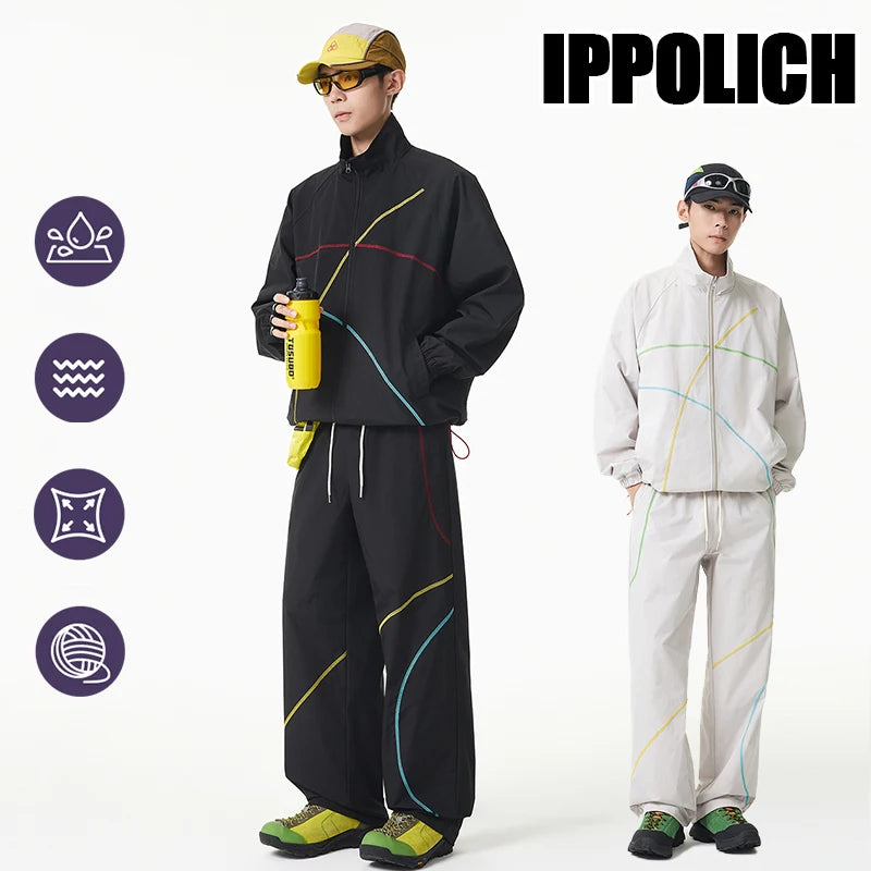 Unisex 2‑Pieces Tracksuit Set Color Contrast Stitching Stand Collar Zip‑Up Jacket Wide Leg Pants Windproof Outdoor Hiking Set