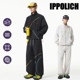 Unisex 2‑Pieces Tracksuit Set Color Contrast Stitching Stand Collar Zip‑Up Jacket Wide Leg Pants Windproof Outdoor Hiking Set