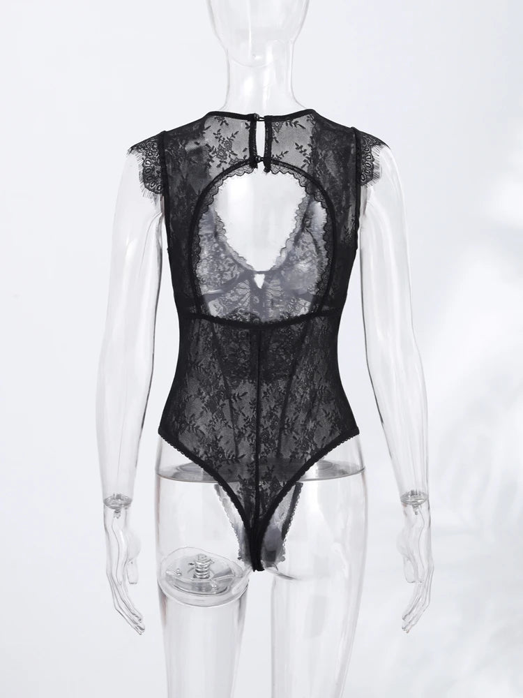 Women Lace Trim Bodysuit Sexy Woman Clotehs Sleeveless Deep V Neck Sheer Mesh Elegant Casual Party Top Spring Vacation Outfit
