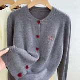 2026 Women Knitted Cardigan Bow Embroidery O-Neck Single Breasted Heart-shaped Button Sweater Korean Casual Solid Knitting Tops