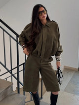 HH Women Brown Green Suede Jacket Loose Casual Bomber Coat Lapel Zipper Long Sleeve Jackets Vintage Lady Motorcycle Outwears