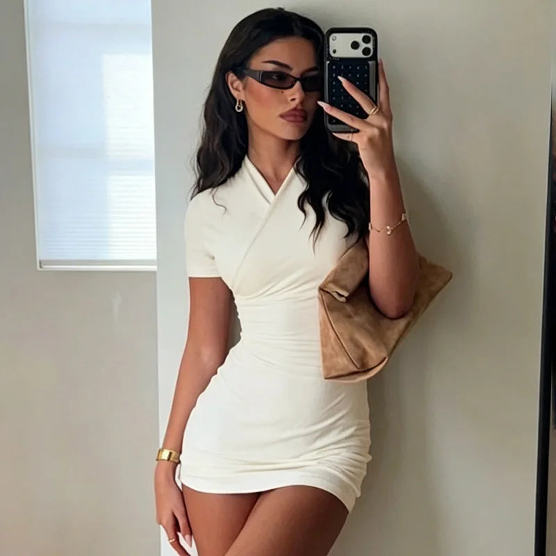 Nsauye 2026 Casual Summer Women Dresses Mini Bodycon Short Sleeve Sexy V Neck Party Evening Wrap Night Club Dress Outfits