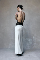 Mozision Summer Backless Sexy Maxi Dress Women Gown Patchwork Lace Halter Deep V Neck Sleeveless High Waist Elegant Long Dress