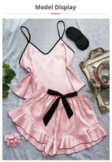 Women's Smooth Satin Pajamas V-Neck T-Shirt Ruffled Edges And Bow Shorts Simple And Breathable Pajama Set Sling Home Clothing