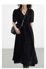 CHIC VEN Women Dresses French Style Vintage V-neck Puff Sleeve Long Dress Solid Black Loose Female Clothing Summer New 2023