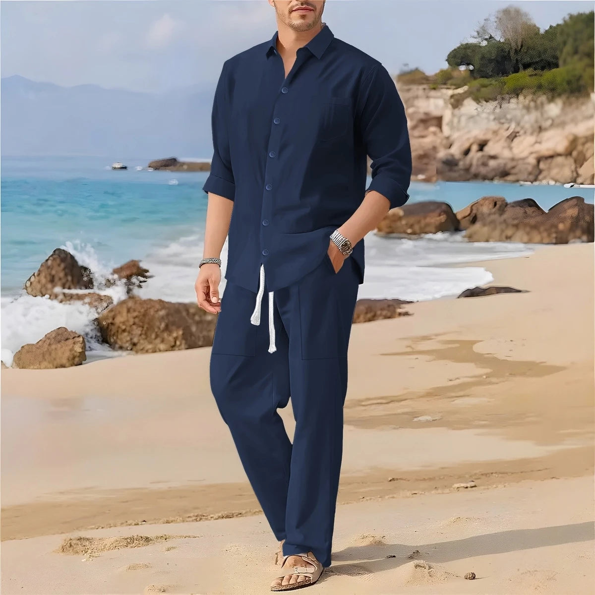 Spring, Summer Autumn New Men's Casual Long-Sleeved Set, Solid Shirt and Pants - Comfortable and Fashionable Two-Piece Set