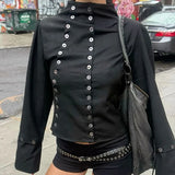 Goth Aesthetic Y2K Vintage Women's Long Sleeve Shirt Sexy Slim Fit Chic Button-Down Solid Color Crop Tops Grunge Punk Streetwear