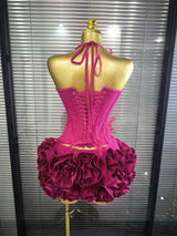 Red Color Women Sexy Halter Full Florals 2 Pieces Bodycon Mini Bandage Dress Celebrate Nightclub Party Birthday Dress