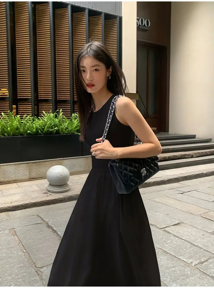 New Vintage Holiday Style Black Midi Dress Dresses for Women Clothing O Neck Office Lady Casual Pockets Women's Clothing