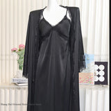 New Female Long Robe Nightgown Set Sexy Lace Trim Sleepwear Suspender Nightdress Spring Summer Casual Satin Home Dress Bathrobe