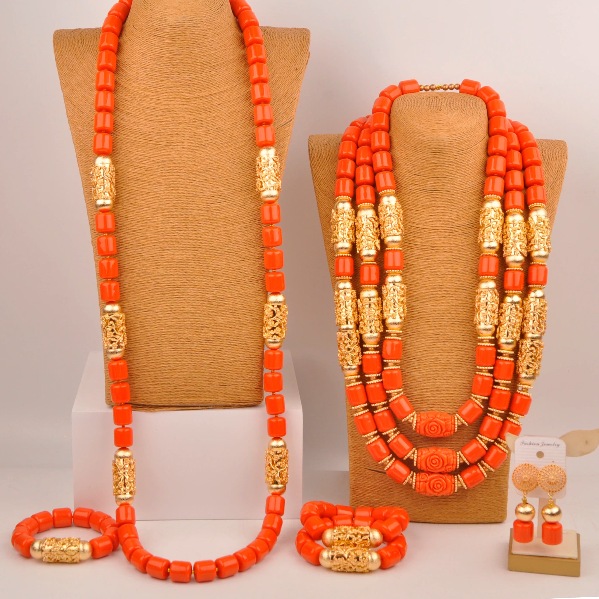 32inches 2Layers orange artifinal nigerian coral bead jewelry set wedding