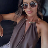 HXAO Brown Halter Bodysuit Women Summer Bodys For Sexy Women Off Shoulder Sleeveless Thong Bodysuit With Open Back Rave Bodysuit
