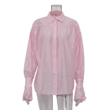 Bornladies Autumn Women's Fashionable Loose Collared Shirt Office Lady Solid Color Versatile Flare Sleeve Top Long Sleeved Shirt