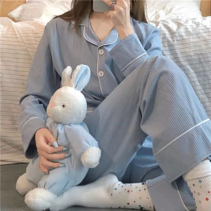Spring and Autumn New Women's Long Sleeve Solid Color Pajamas Loungewear Set Girls Student Long Sleeve Cardigan Loungewear Set