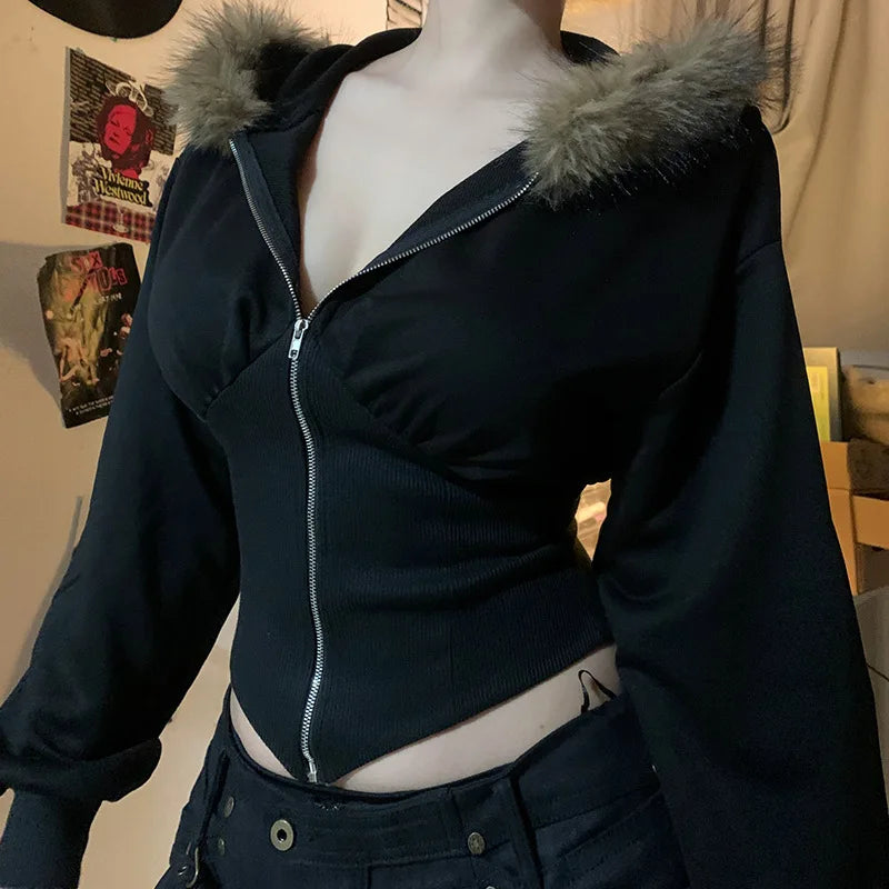 Goth Dark Autumn Winter Faux Fur Collar Solid Hooded Coats Women Casual Slim Waist Zip Hoodies Gothic Jackets Chic Streetwear