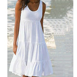 Bohemian Women's Casual O Neck Sleeveless Ruffle Mini Dress Solid Color Beach Tank Top Oversized Loose Dress Plus Size Women3029