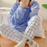 CHUANGERM Winter Fleece Thick Warm Soft Solid Casual Women's Pajamas Set Plaid Top And Pants Home Suit Pyjamas