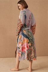 Beach Kimono for Women Peocock Printed Swimsuit Cover Up Self Belted Wrap Dresses Seaside Bathing Suits Beachwear