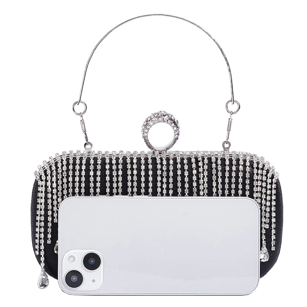 @Luxury Evening Clutch Bag Wedding Rhinestone Tassel Handbag Silver Purse Party Shoulder Bag for Women Fashion Black Bag