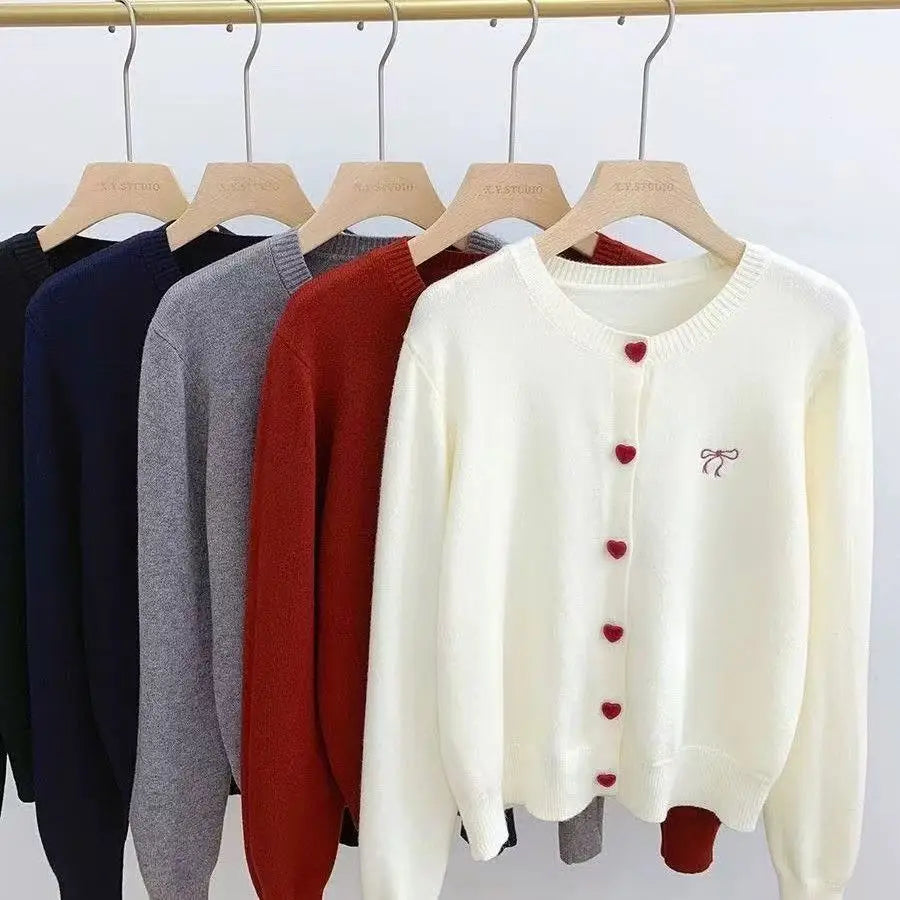 2026 Women Knitted Cardigan Bow Embroidery O-Neck Single Breasted Heart-shaped Button Sweater Korean Casual Solid Knitting Tops