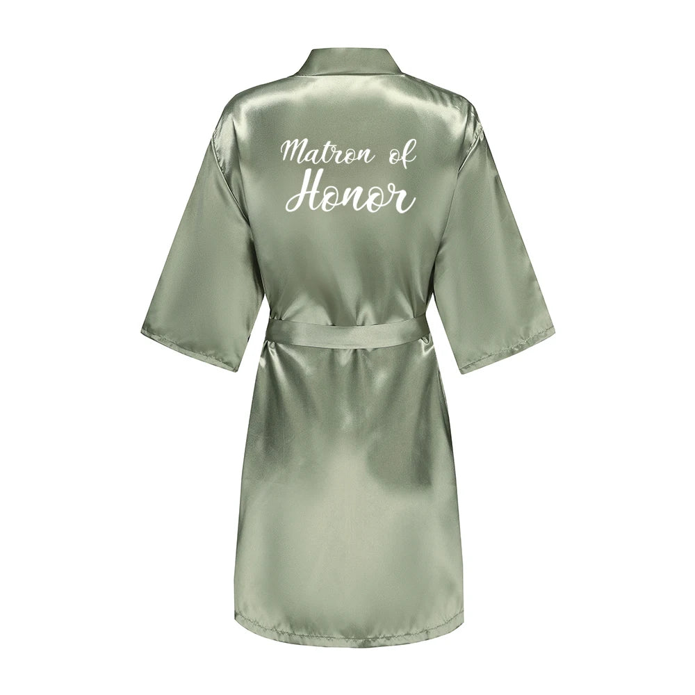 Grass Green Women's White Letter Bride Bridesmaid Short Satin Robes for Wedding Party Getting Ready