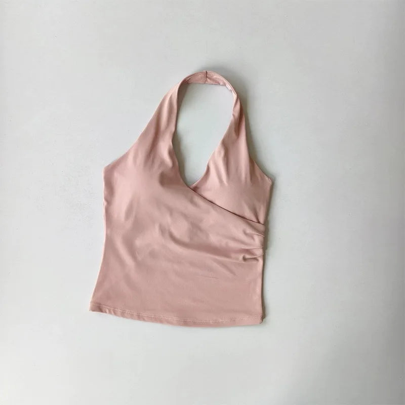 Women's Sexy V-Neck Fitness Bra Nude Sports Bra Hanging Neck Yoga Suit Vest Comfortable Breathable Gym Top for Active Wear
