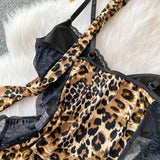 Women Hotsweet V-neck leopard slim  Vintage Straps Bodysuits Chic lace Jumpsuits Slim Top Clothing