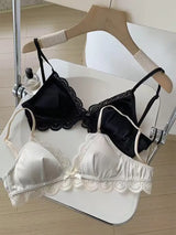 Korean Style Triangle Cup Bow Lace Bra for Women Small Chest Satin Underwear Sweet Breathable Comfortable Soft Bra