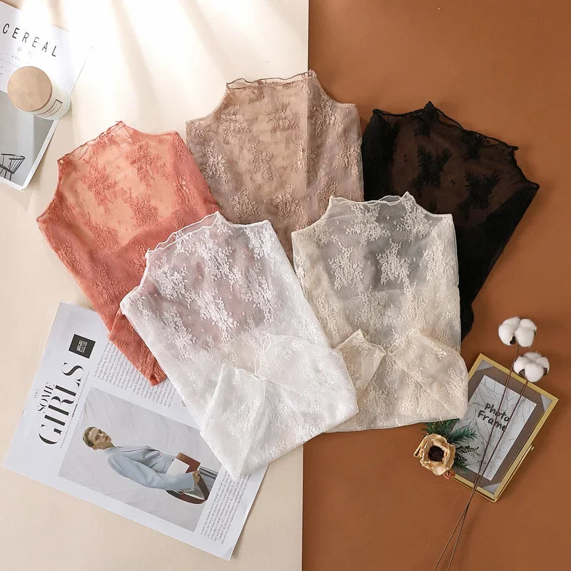 Women Elegant High Neck Polka Dot Blouse Mesh Lace Stitching Puff Long Sleeve Shirt Slim Fit Office Ladies Fashion Daily Tops