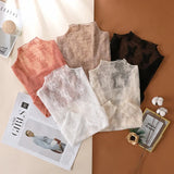Women Elegant High Neck Polka Dot Blouse Mesh Lace Stitching Puff Long Sleeve Shirt Slim Fit Office Ladies Fashion Daily Tops