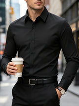 New Men Shirt Elegant Fashion European Long Sleeve Classic Smart Casual Elastic Anti-pilling Male Business Dress Shirts