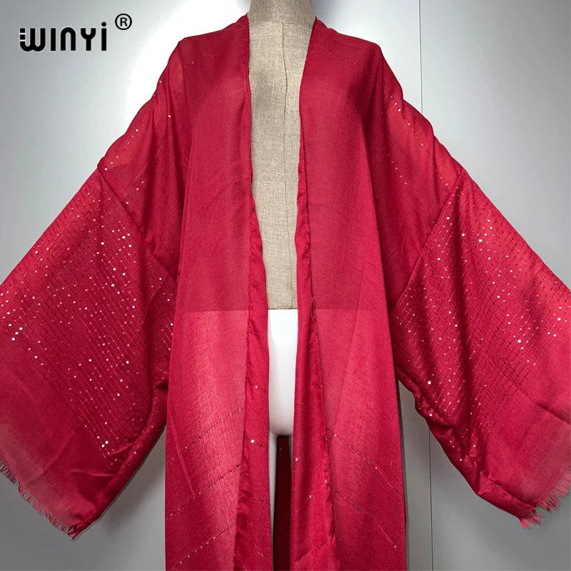 WINYI 2023 Women Bohemian Gold Thread Monochrome Elegant Casual Dress African Cardigans Outerwear For Women Summer Sexy Kimono