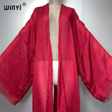 WINYI 2023 Women Bohemian Gold Thread Monochrome Elegant Casual Dress African Cardigans Outerwear For Women Summer Sexy Kimono