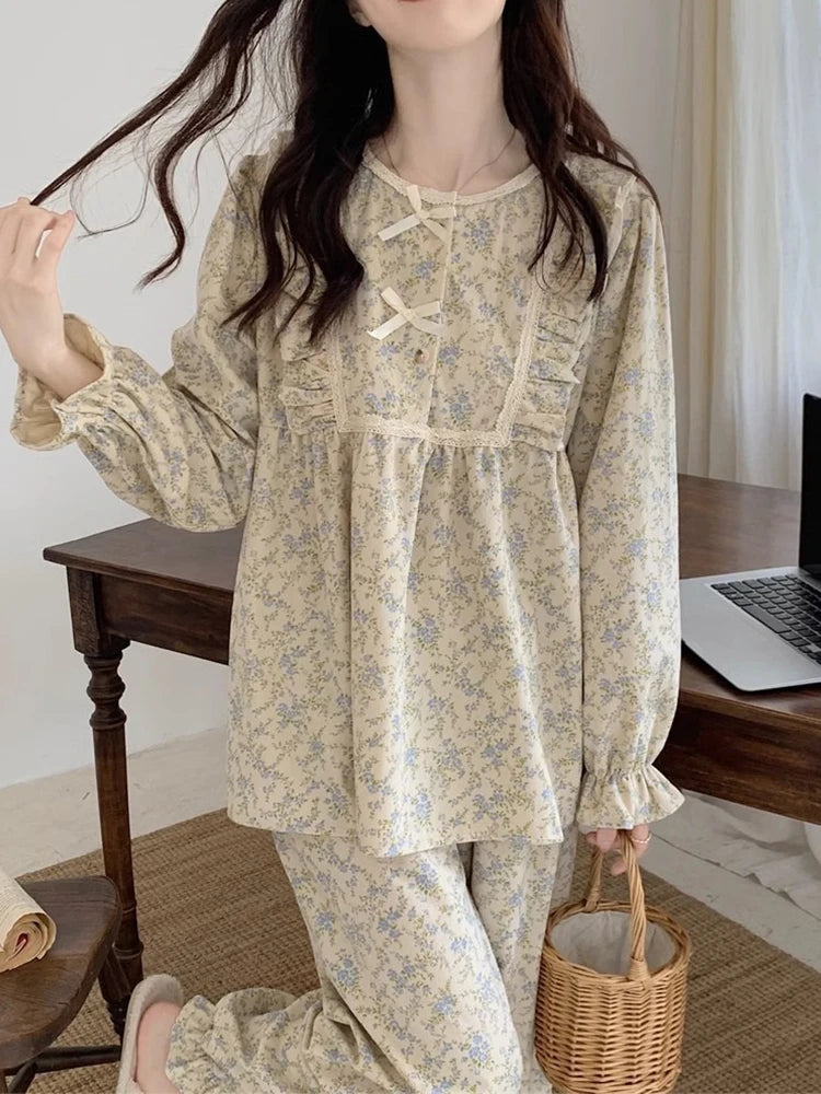 Four Seasons Can Wear Korean Style Floral Women's Pajamas Tops and Pants Summer Student Sleepwear Homewear Girl Sweet Nightwear
