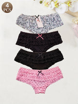 4PCS Cute dot small floral patterns  sweet knitted fabric with lace stitching  Women's low waist brief  Seamless  breathable  fa