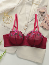 Women Plus Size Blue Floral Embroidered Lingerie Set Lace Trim Push Up Bra Stretchy Comfort Intimates For Curvy sexy Ladies 3562