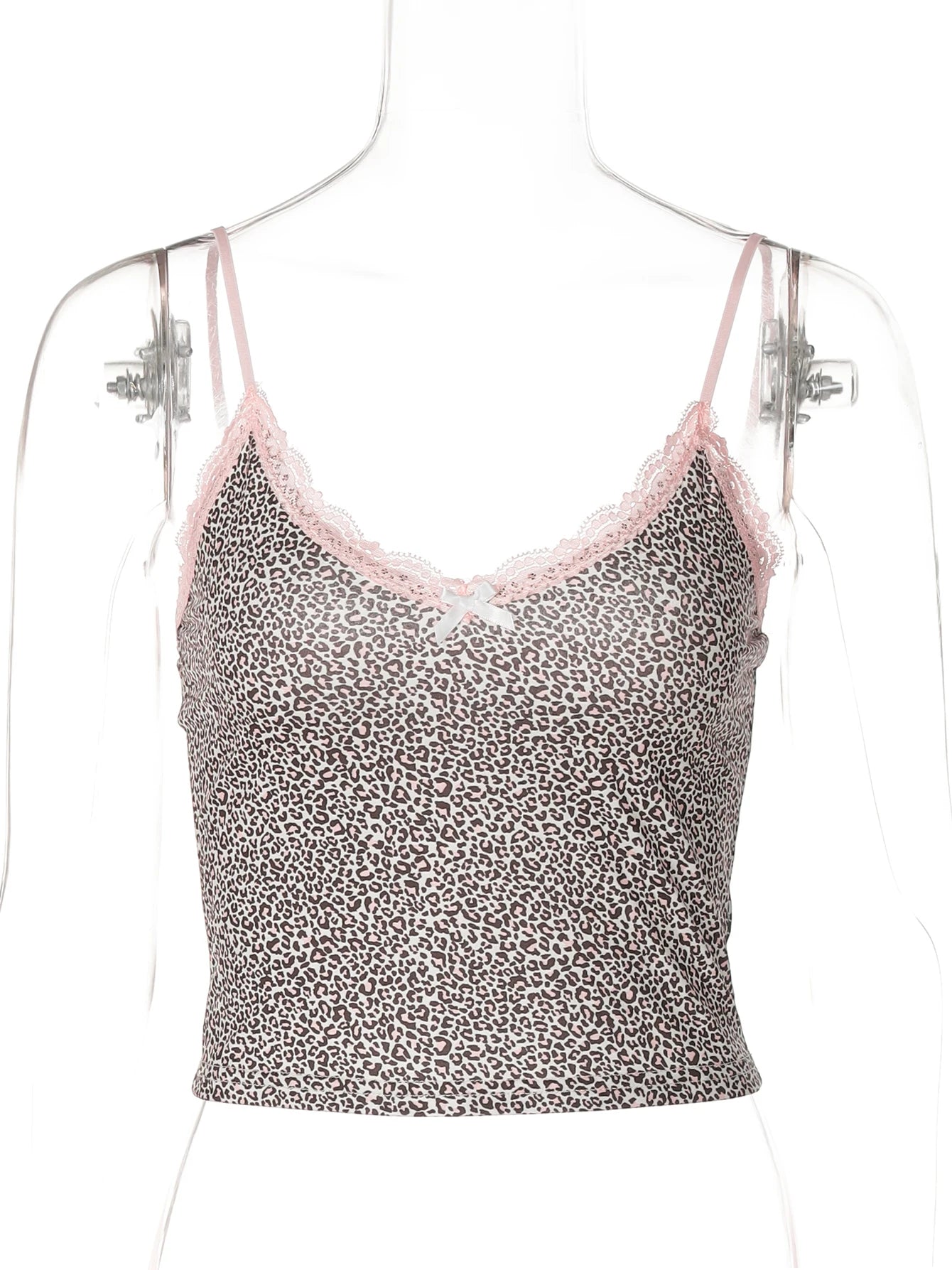 Hugcitar Leopard Print Slips Bows Patchwork Lace Sexy Slim Crop Camis Top Summer Fashion Women Y2K Outfits Festival Party