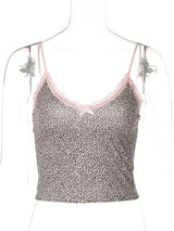 Hugcitar Leopard Print Slips Bows Patchwork Lace Sexy Slim Crop Camis Top Summer Fashion Women Y2K Outfits Festival Party