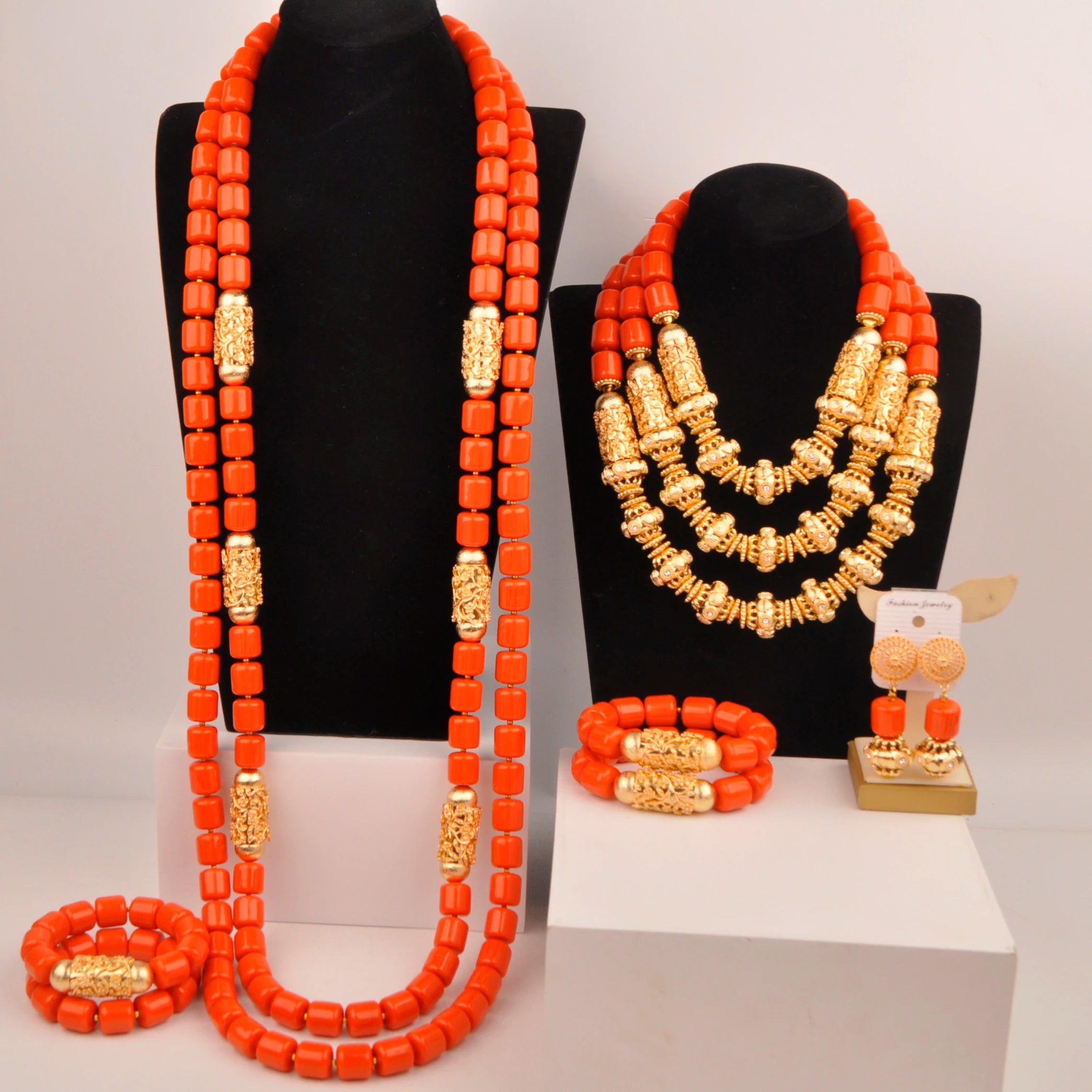32inches 2Layers orange artifinal nigerian coral bead jewelry set wedding