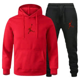 A 2-piece men's outdoor fitness sportswear set featuring a hooded long-sleeved sweatshirt, pullover and casual pants for autumn