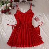 Sexy Bra And Garter Belt Lingerie Hot Red Babydoll Dress Erotic Women Exquisite 3-Piece Sets Thong Nightgown Set With Leg Rings