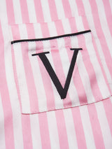 Classic Striped Print And Pocket Letter Short-Sleeve Long Pants Pajama Set, Satin Sleepwear with Lapel Collar and Button Detail