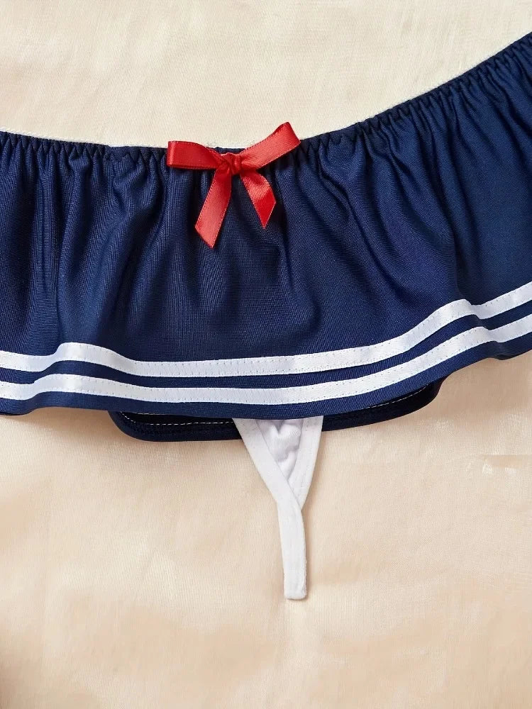Naughty Sexy Sailor Lingerie Set, Schoolgirl Cosplay Costume 3 Piece Bikini Outfit for Roleplay Halloween Bachelorette Party