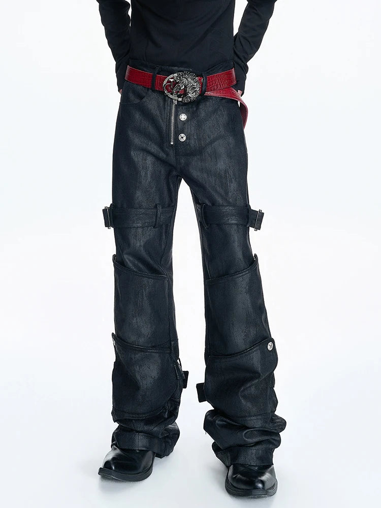 Mauroicardi Spring Long Black Distressed Waxed Cotton Denim Pants Man Metal Buckle Strap Streetwear Jeans Fashion Man Clothing