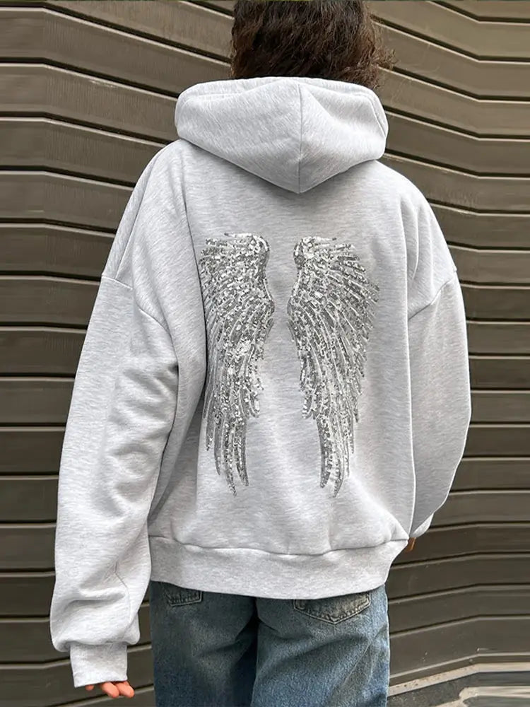 Sequin Angel's Wings Hoodies Women Chic Loose Long Sleeve Pullovers Top Slim Yoga Pant Set 2025 New Casual Lady Two Piece Sets