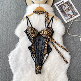 Women Hotsweet V-neck leopard slim  Vintage Straps Bodysuits Chic lace Jumpsuits Slim Top Clothing