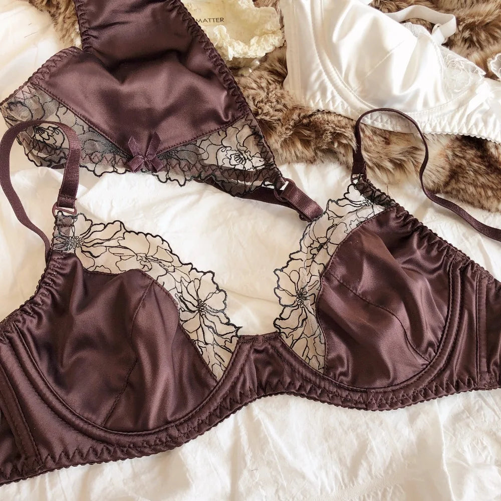 French Ultra Thin Women Lingerie Set Sexy Satin Lace Splicing Comfort Bras Leopard Print Temptation Bra and Thong Sets Underwear